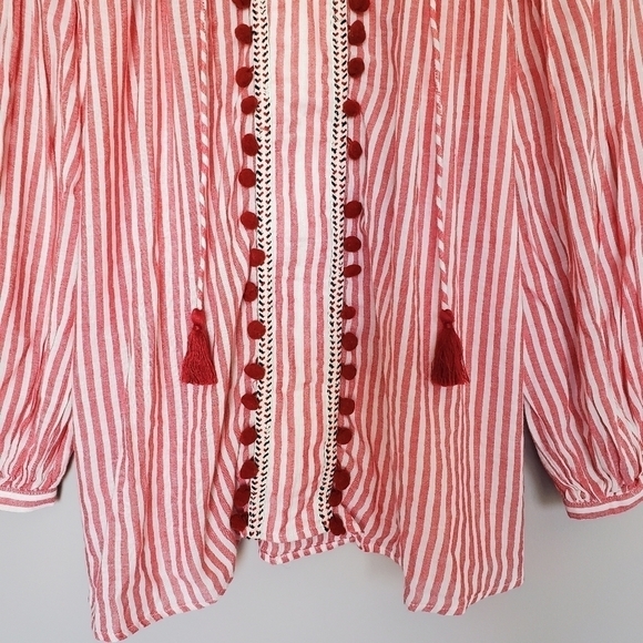 Zara Boho Tunic Dress Womens Medium Red White Stripe Pom Pom Tassel Long Sleeve - Picture 7 of 9